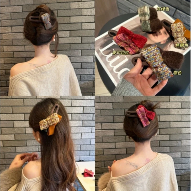 小香风蝴蝶结毛绒抓夹女气质后脑勺发夹鲨鱼夹秋冬新款高级感头饰