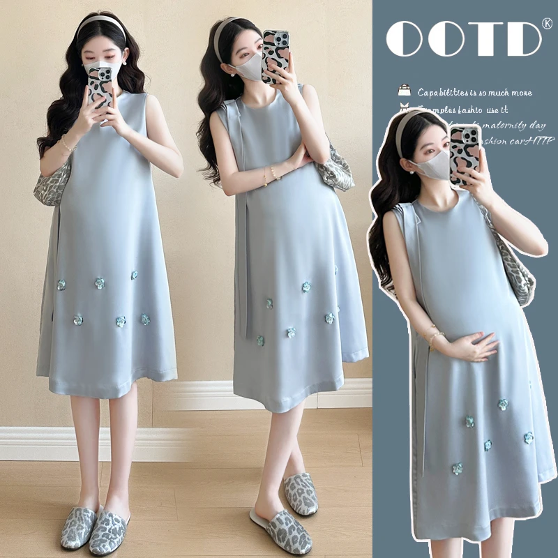 孕妇装缎面超垂感连衣裙2025夏季新品韩版时尚减龄显瘦气质长裙