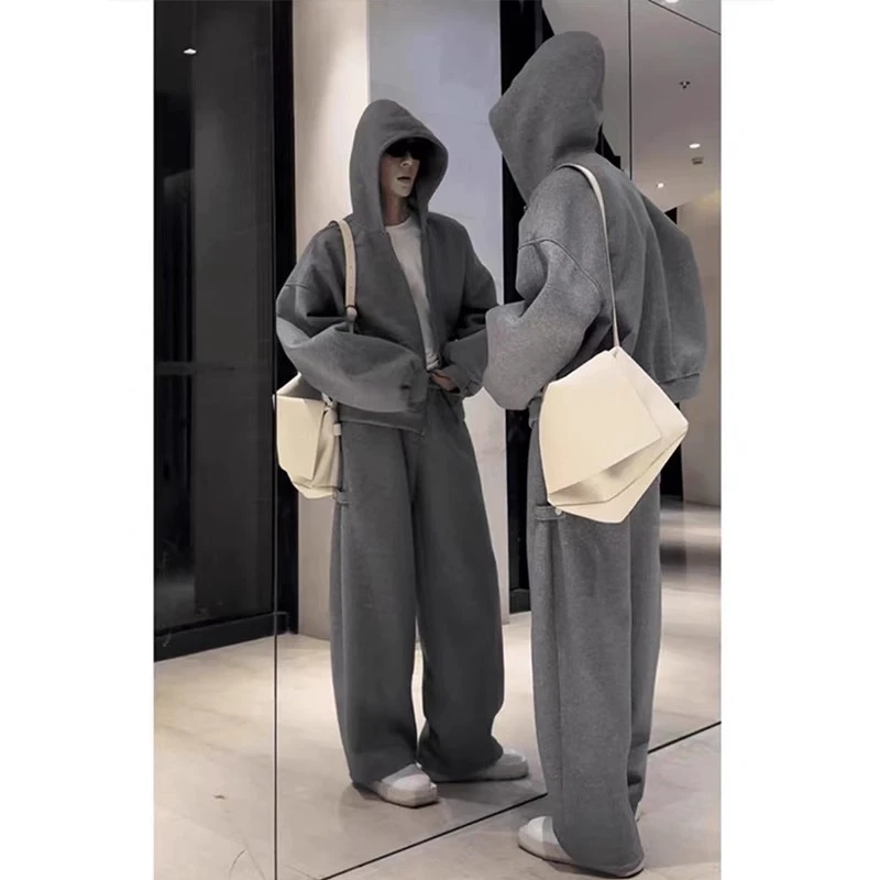 灰色重磅连帽卫衣两件套装男春秋季穿搭一整套高级感休闲运动外套