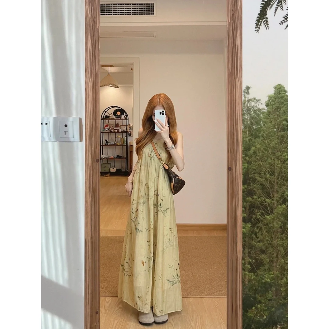 度假风复古国风印花显瘦连衣裙夏季新中式V领宽松吊带裙长裙女