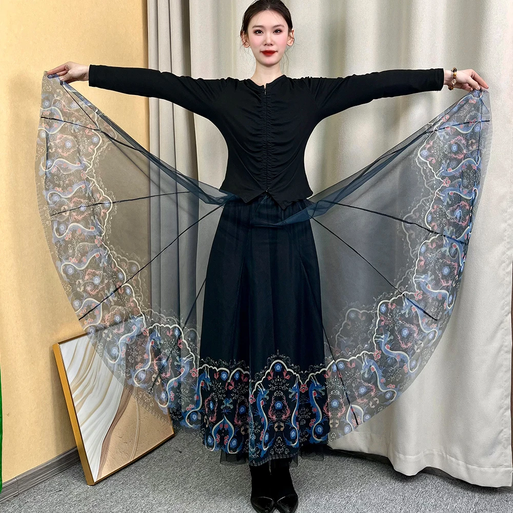 龙吟花语[印花+烫钻两面可穿]春秋大摆碎花A字长裙秋冬网纱半身裙