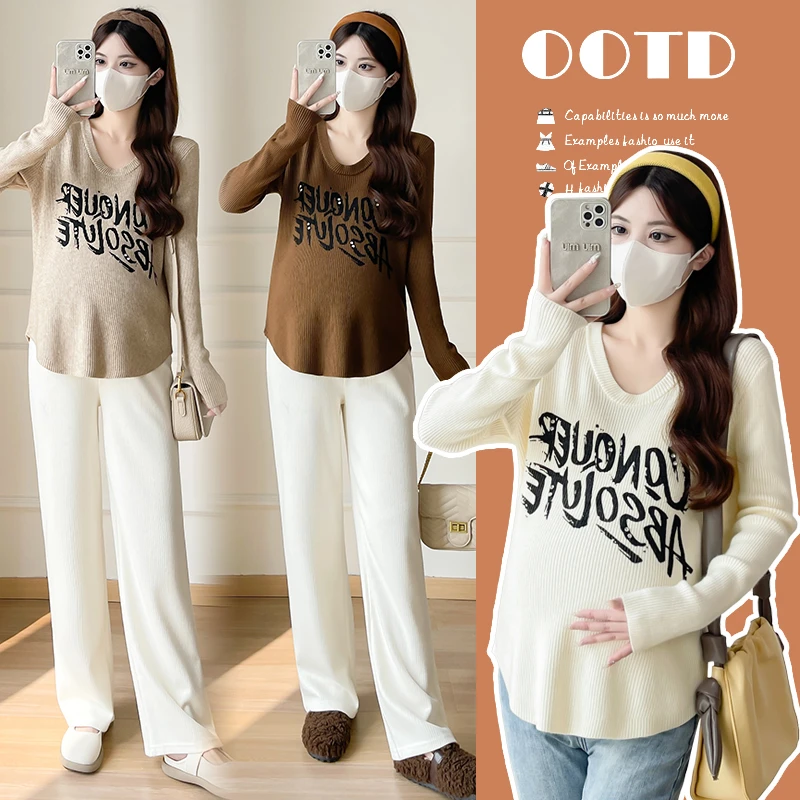 孕妇装毛衣秋冬2025新款时尚百搭显瘦针织打底衫字母印花长袖上衣