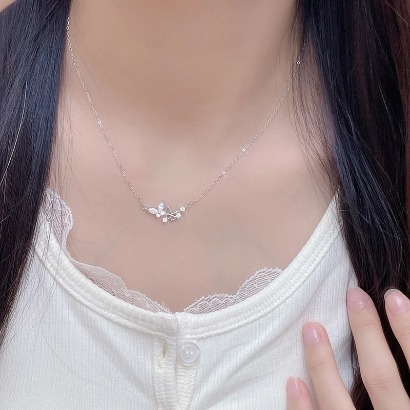 坠链均925银合成锆石 蝴蝶双子星项链女轻奢小众锁骨链送女友礼物