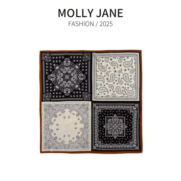 木槿芸【红边拼色四宫格方巾】配饰70*70薄款高端复古女丝巾SJ-124