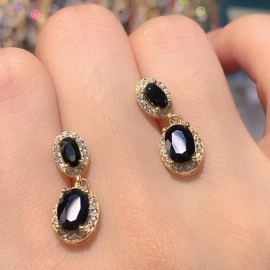 蓝宝石耳饰银S925镶嵌天然蓝宝石