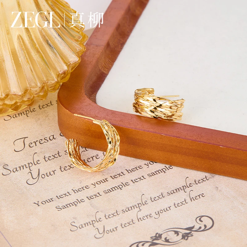 ZEGL 镀K金【溯金】真柳大气金色耳环百搭小众设计耳饰法式轻奢耳钉