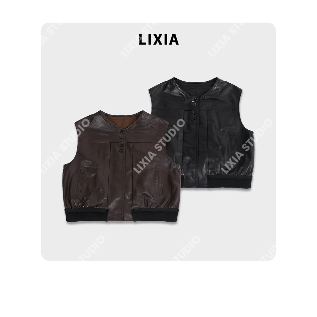 LIXIA【鞣光】复古风华街头感绵羊皮拼棉无袖穿搭马夹-D9303