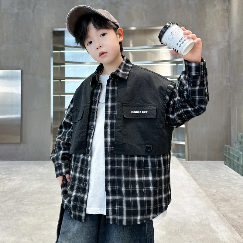 男童格子衬衫春秋宽松2025中大童休闲韩版长袖儿童秋季上衣洋气潮