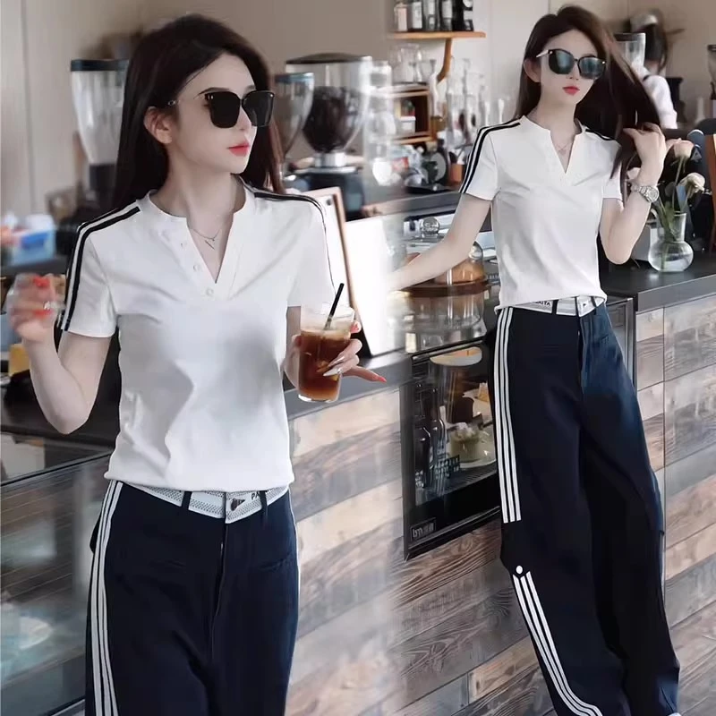 时尚休闲套装女2025夏季新款洋气显瘦V领短袖上衣阔腿裤两件套潮