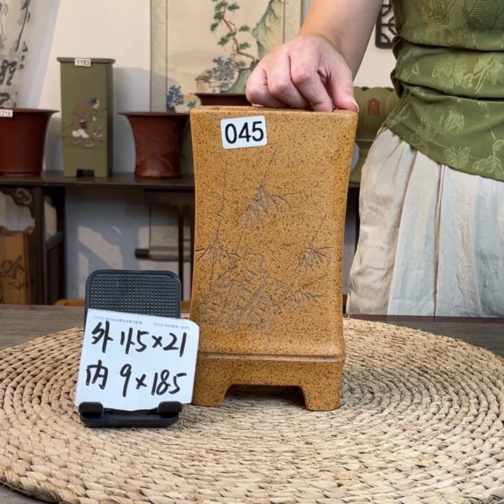 紫砂花盆   放漏柴烧刻绘竹节四方签筒045