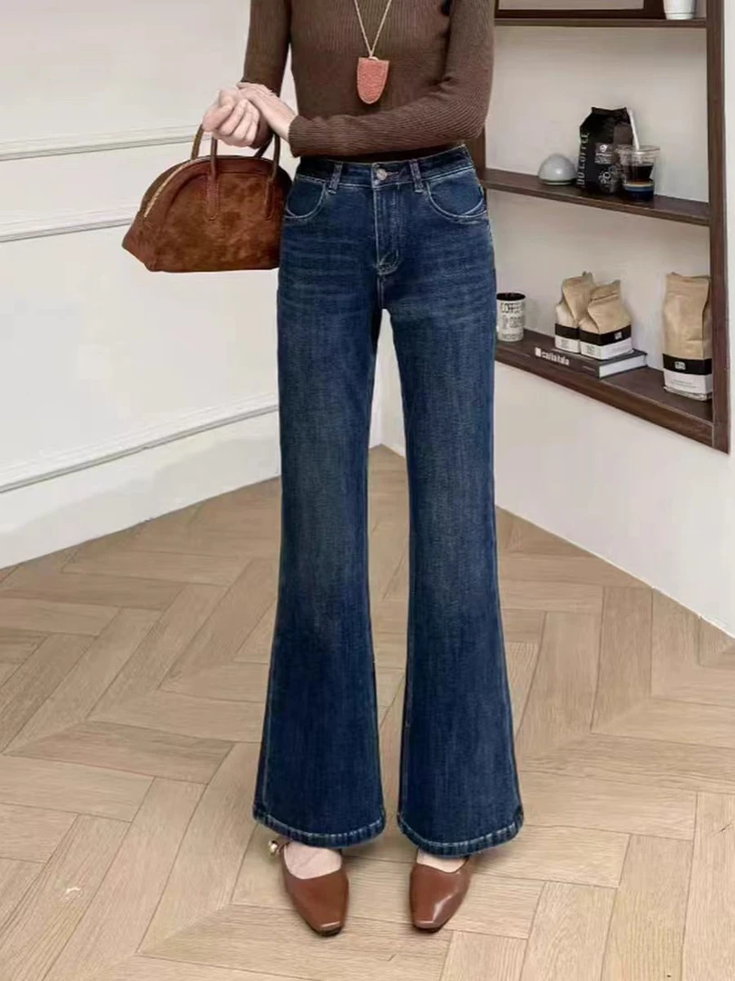 7539#秋冬爆款加绒高腰微喇牛仔裤女长裤宽松不贴腿喇叭裤（约101）