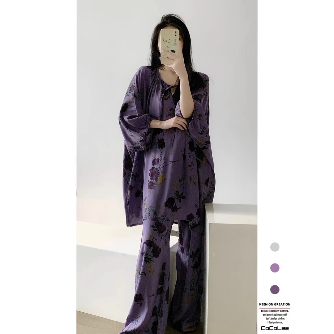 新中式国风黛紫绵绸印花睡衣女春秋季新款长袖长裤大码家居服套装