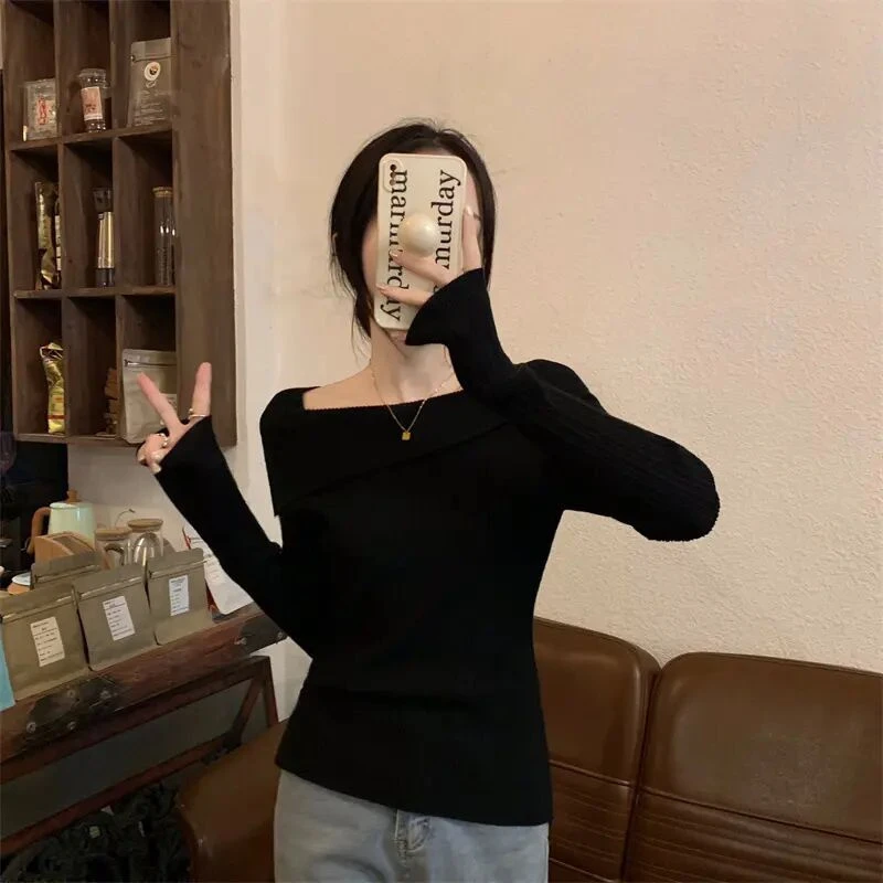 气质时尚百搭显瘦性感一字肩长袖上衣2025春秋冬新款轻职风女装毛