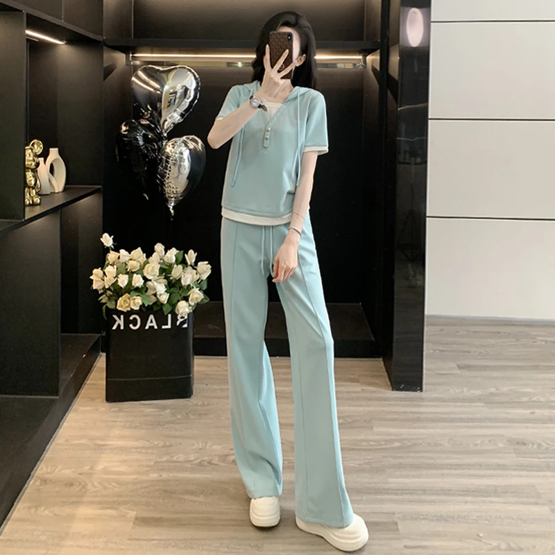 短袖休闲时尚套装女夏季网红炸街高级感气质T恤阔腿裤气质两件套