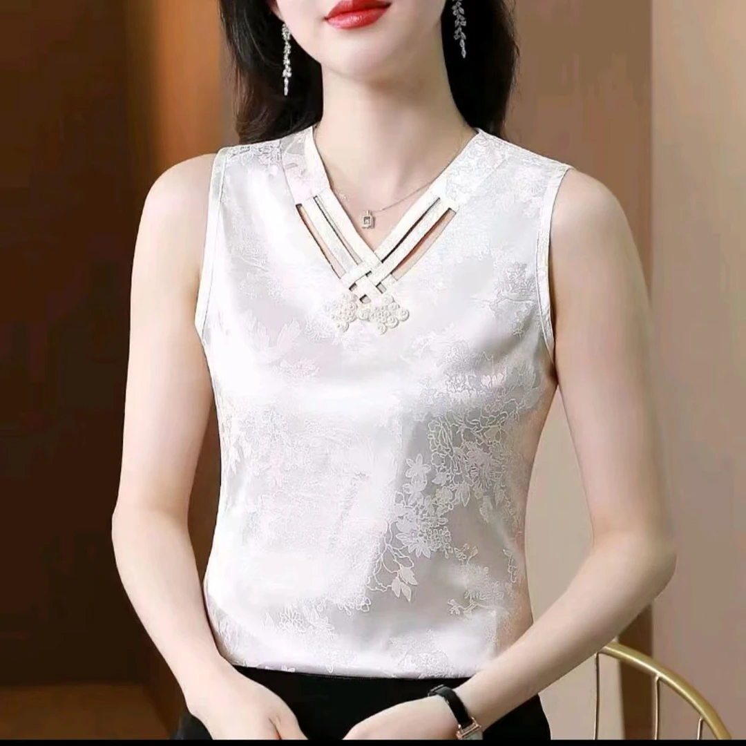 提花吊带背心设计女内搭夏夏季新款大码盘扣醋酸上衣无袖打底缎面