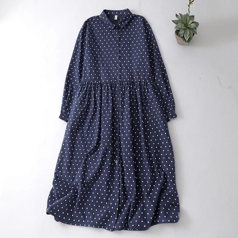 棉麻长袖波点翻领大摆连衣裙女2025早秋文艺复古宽松中长款衬衫裙