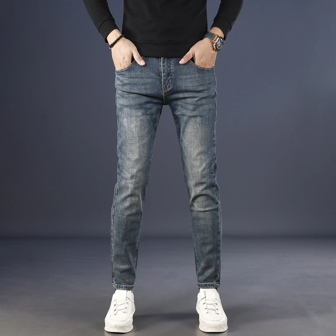 复古蓝色牛仔裤男款爆款2025新款秋冬款修身小脚弹力显瘦休闲裤子