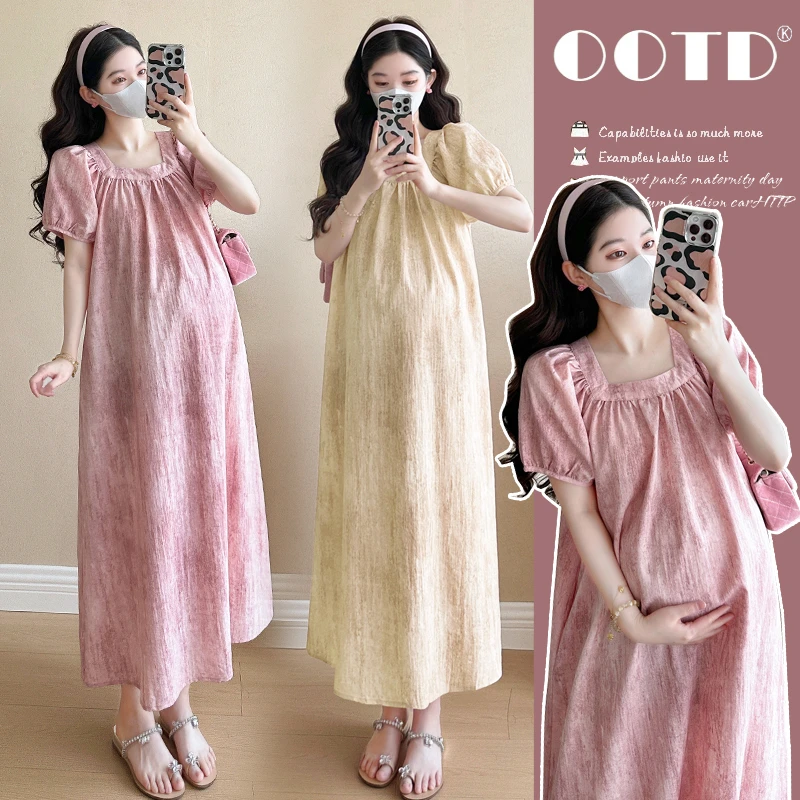 清！孕妇夏季扎染渐变方领中长裙时尚高级感宽松遮肚子连衣裙