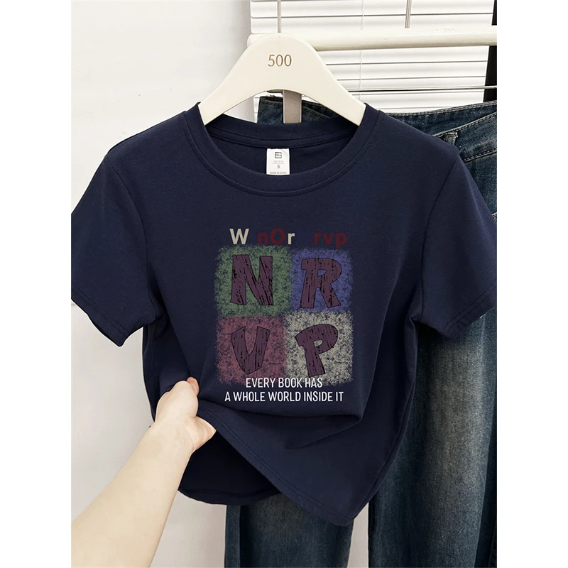 时尚圆领正肩短袖T恤女夏季新款韩版设计感字母印花显瘦半袖上衣