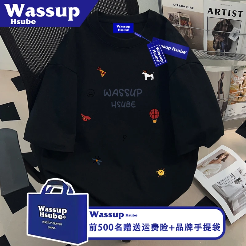 WASSUP HSUBE原创纯棉短袖卡通印花黑色国潮T恤男女款ins夏季半袖