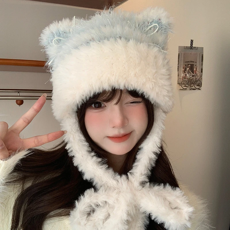 TIFICY户外新款帽子女时尚甜美秋冬可爱毛绒绒猫耳朵帽子保暖护耳