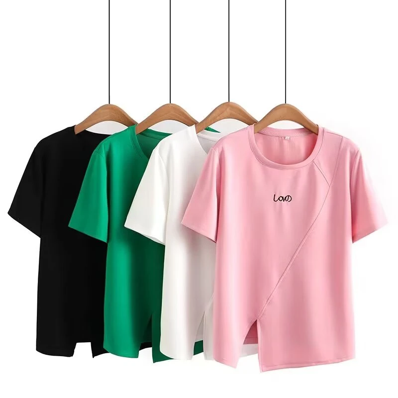 卡洛町大码女装新款休闲打底夏季半袖圆领宽松设计感百搭t恤115