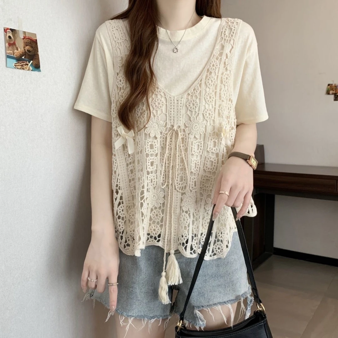 2025新爆款法式减龄镂空钩花短袖T恤上衣两件套适合夏季穿着百搭