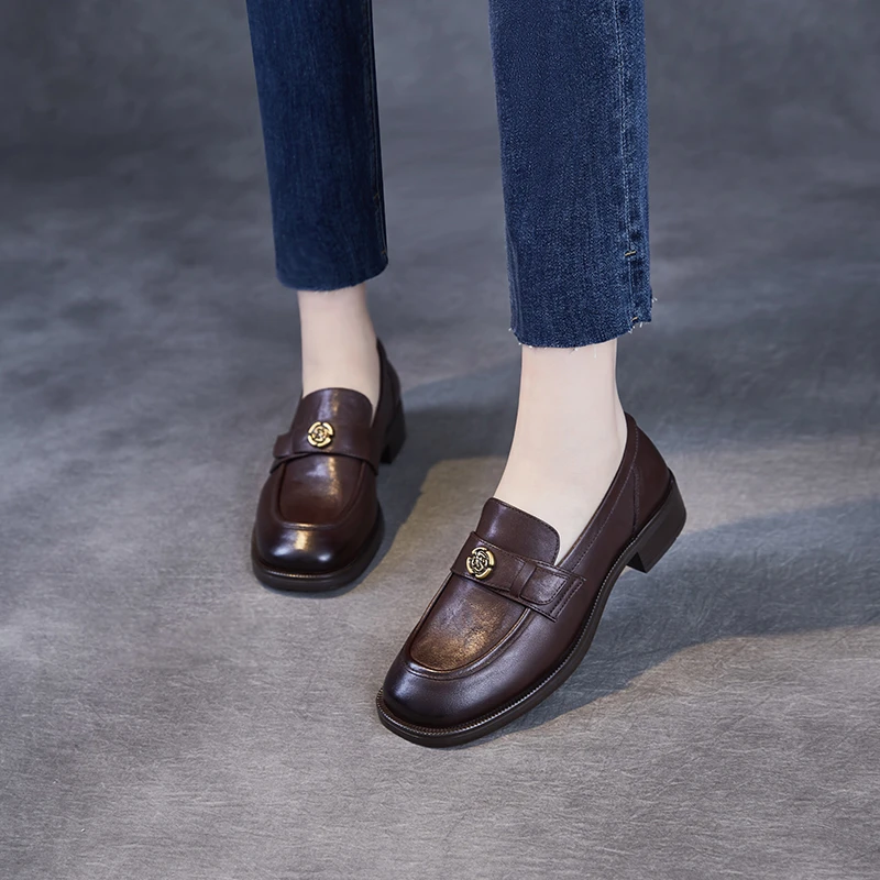 老张手工法式乐福鞋女2025春新瘦版山茶花通勤低跟头层皮小皮鞋