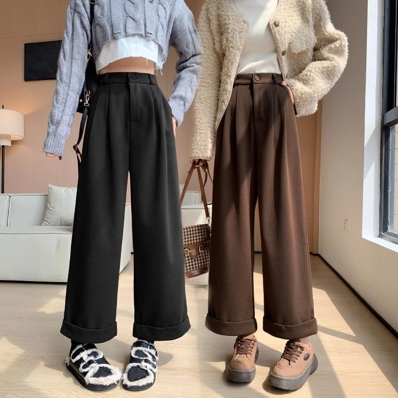 咖色毛呢阔腿裤子女秋冬2025新款高腰宽松垂感九分休闲卷边直筒裤