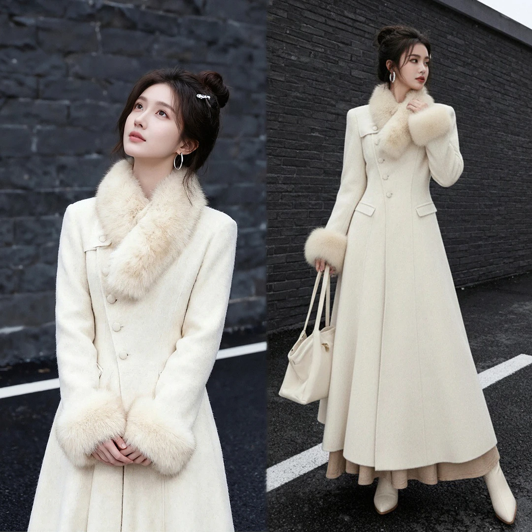 韩系高级感气质保暖毛领大衣女2026冬季款富家千金风长款毛呢外套