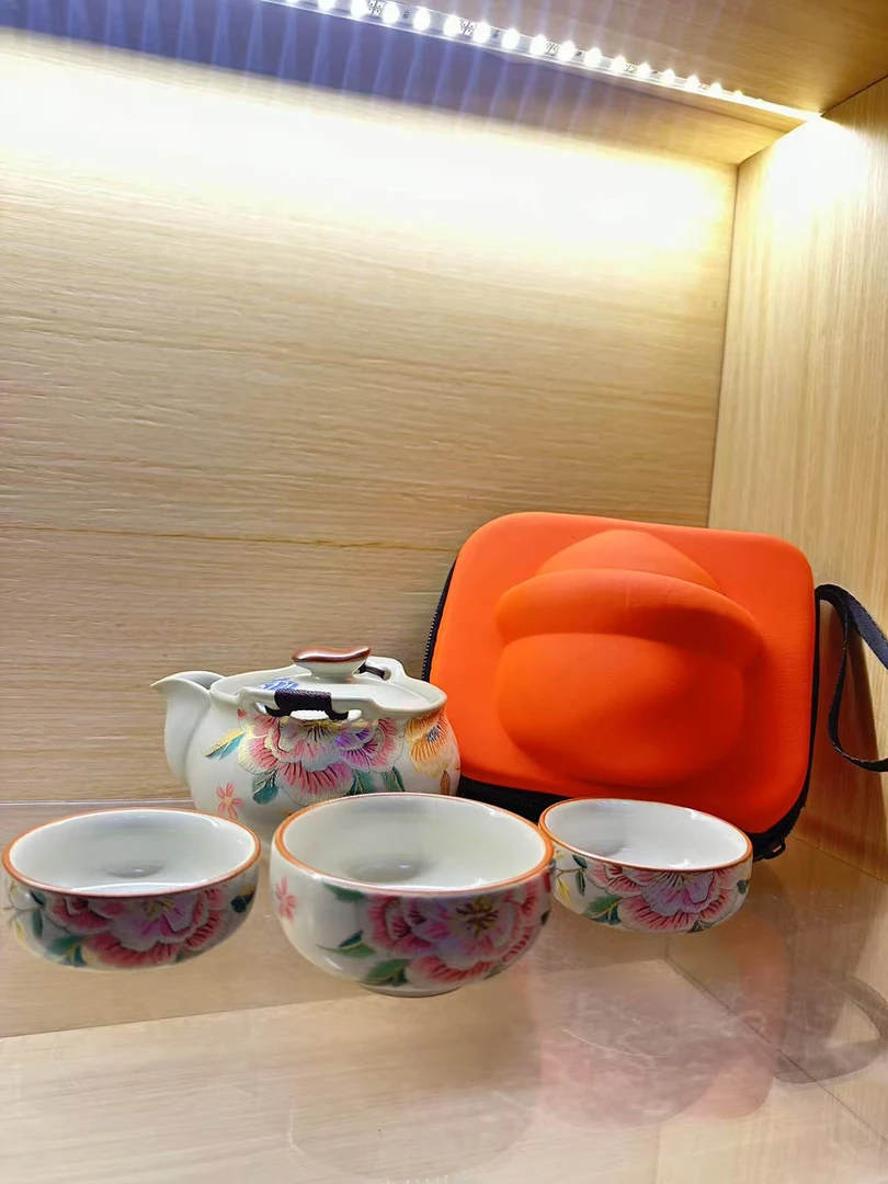 汝窑粉色牡丹一壶三杯茶茶具茶壶茶具喝茶器具盖碗茶具旅行茶具