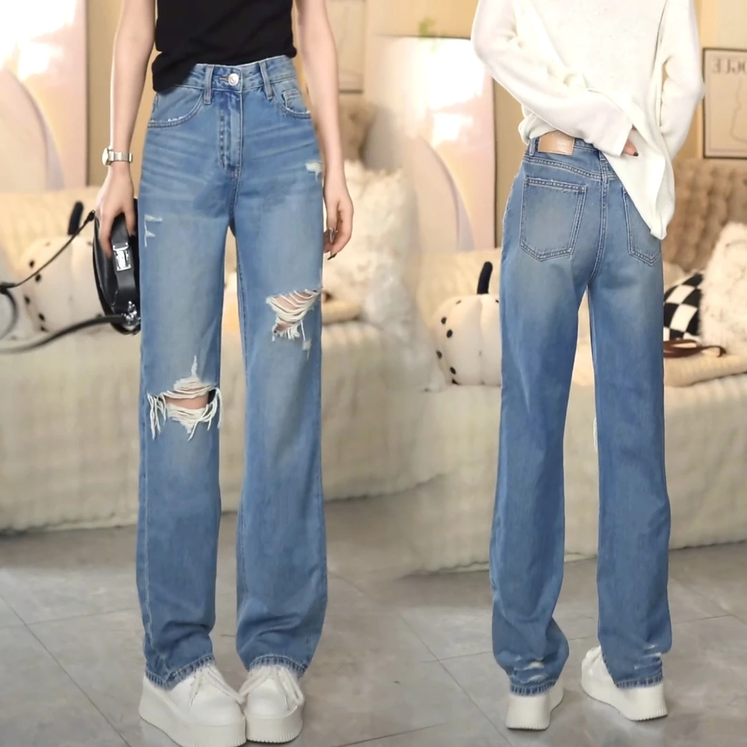 KK欧版 · 小直筒拖地裤 · 超薄款蓝色小直筒修身拖牛仔裤显瘦1978