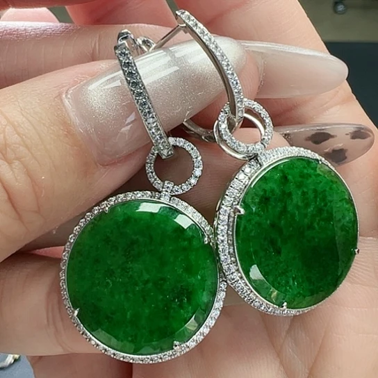 翡翠耳饰18K金镶嵌珊*绒天然缅甸A货翡翠