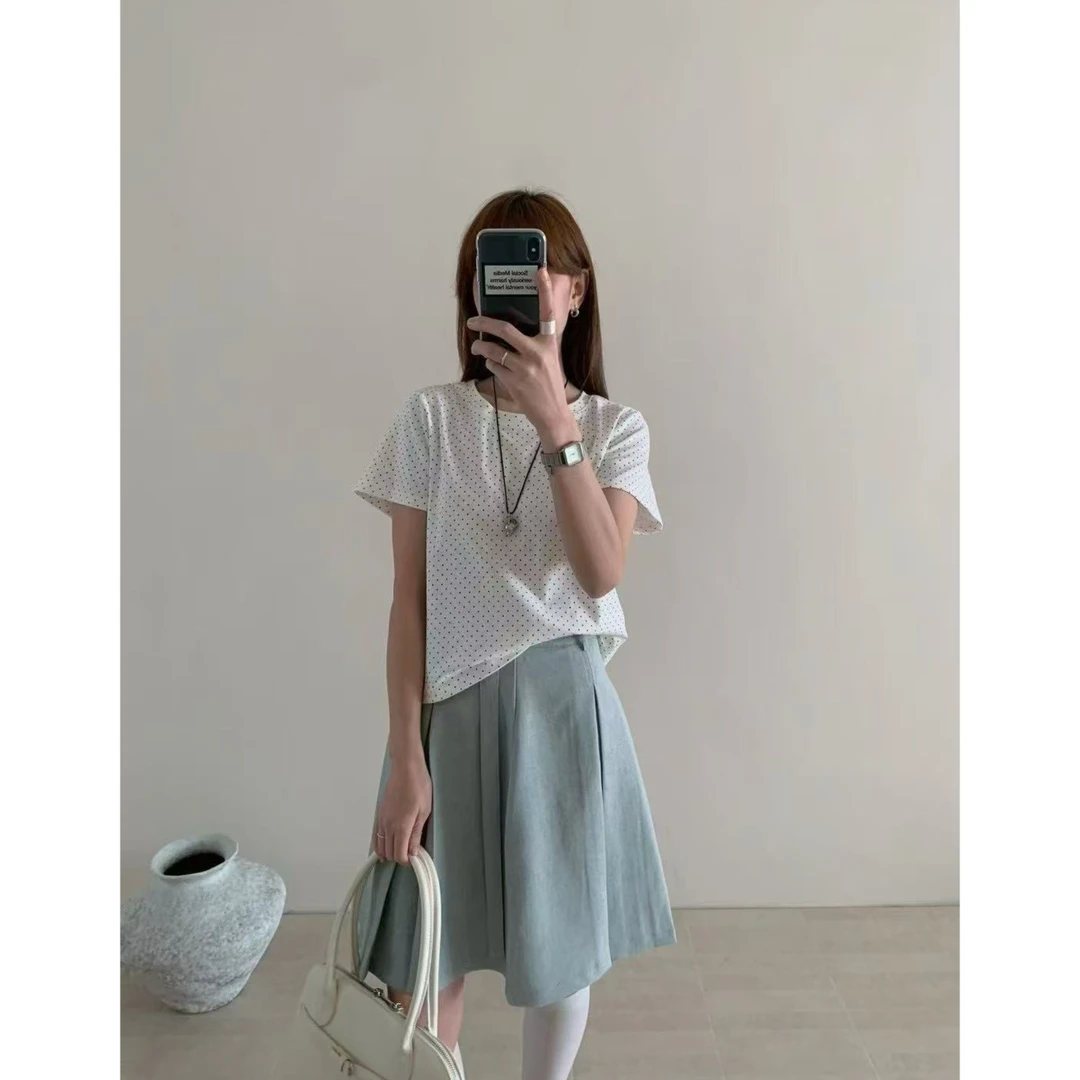 A295韩版小众设计感波点正肩短袖t恤女夏季2025新款显瘦短款上衣