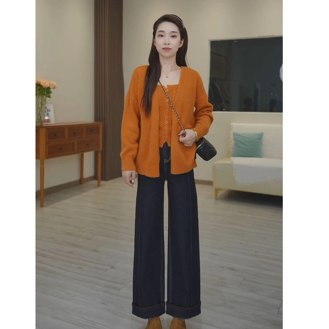 丹宁蓝窄版牛仔裤女高腰秋季2025新款显瘦直筒宽松垂感拖地