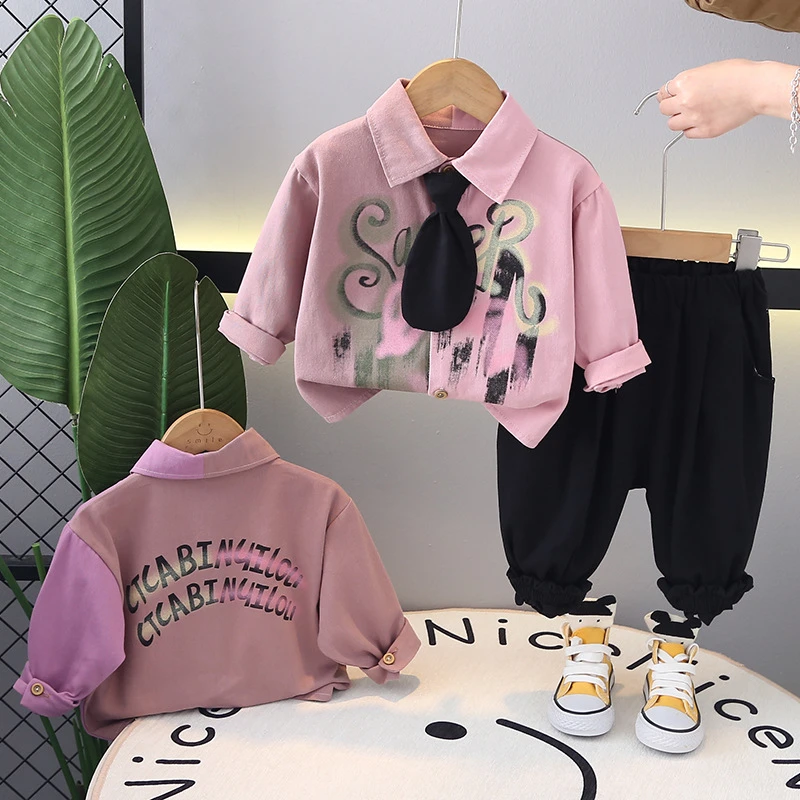 【傲童母婴】儿童休闲领带印花衬衫长袖拼色春季套装2025新款男童洋