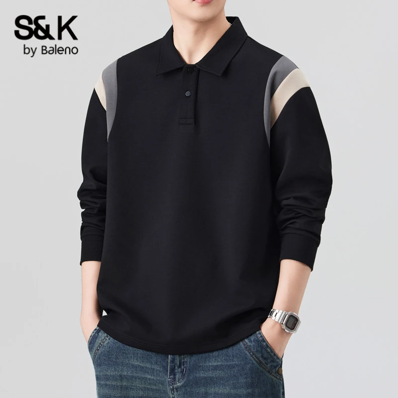 班尼路S&K潮牌撞色长袖POLO衫卫衣男士秋季新款宽松百搭翻领上衣
