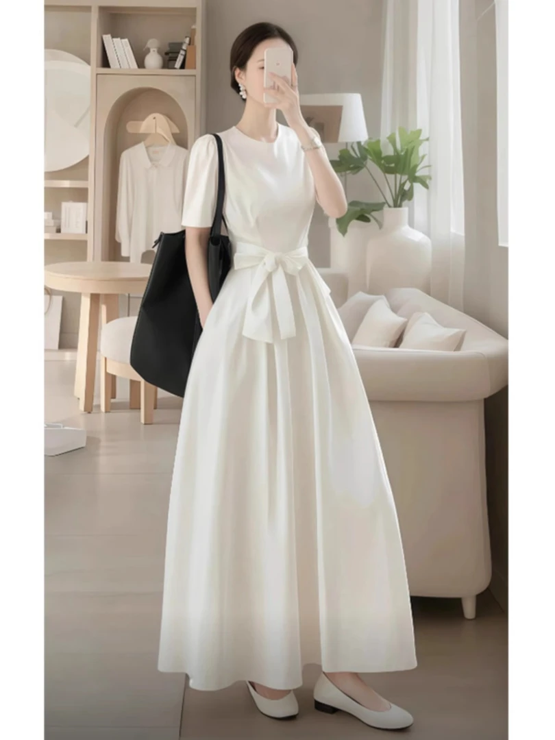 法式气质名媛轻奢高级感女神范长裙端庄大气白色绑带连衣裙春季女