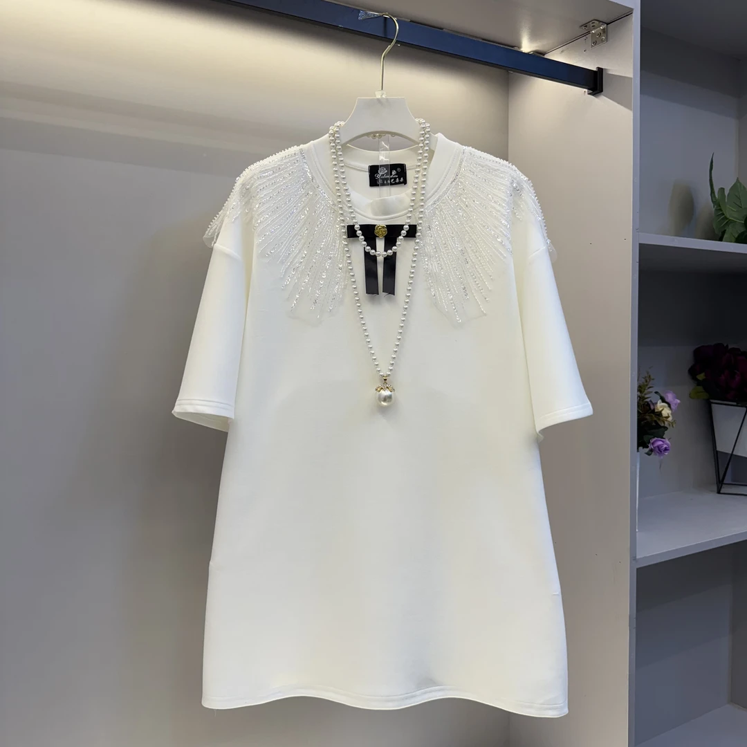 欧货2025新款重工高级蝴蝶结大码胖妹妹宽松遮肉洋气大衫(衣长78)