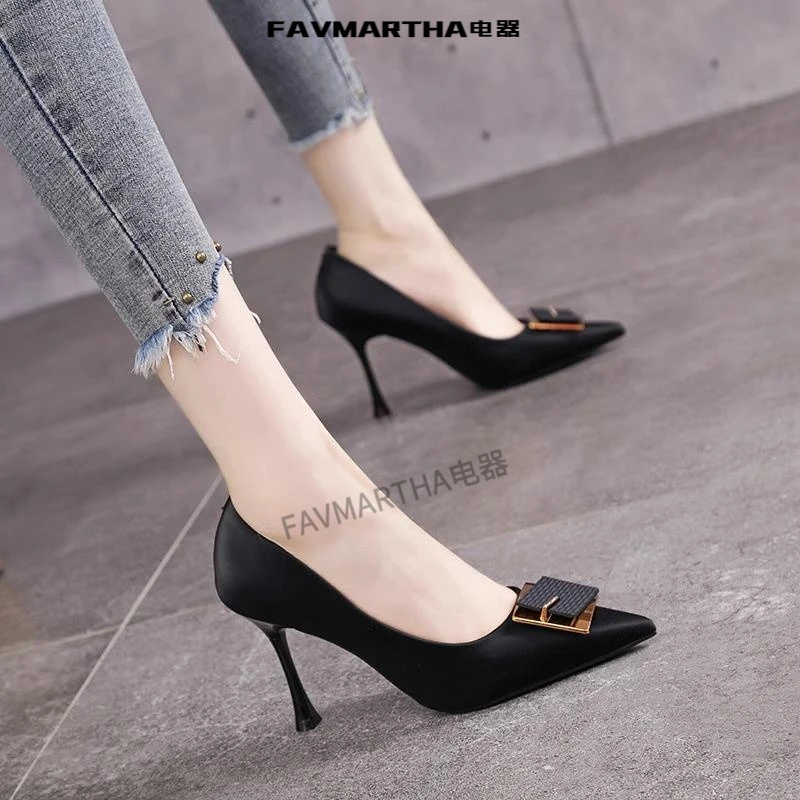 FAVMARTHA法式黑色真皮鞋女尖头细跟设计感小众气质名媛御姐单鞋