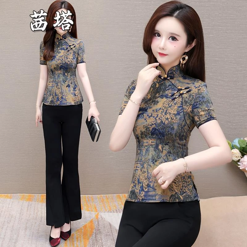 新中式盘扣旗袍上衣女夏装中年妈妈复古印花国风显瘦洋气唐装小衫