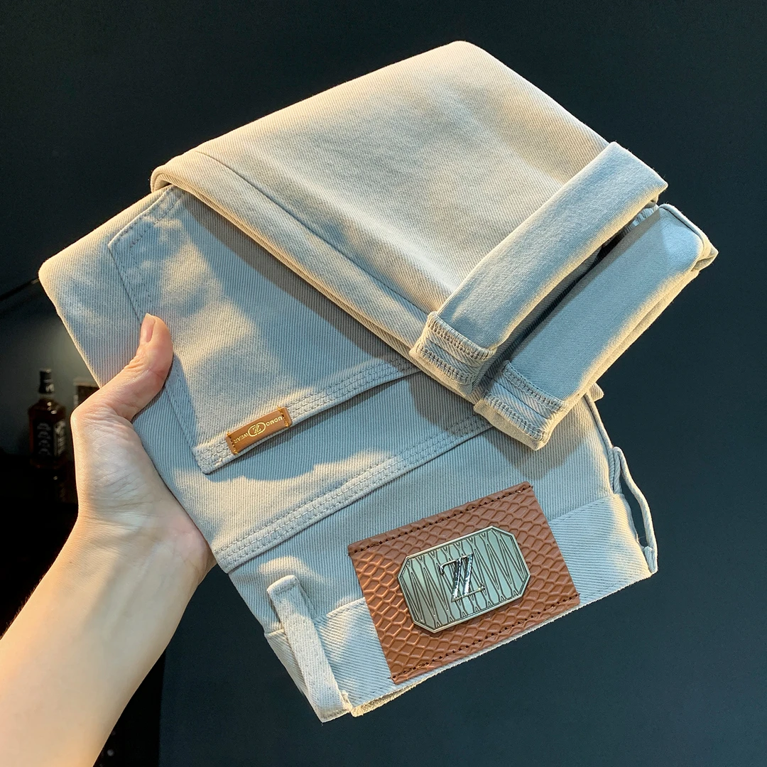 高端轻奢男士牛仔裤春秋款弹力修身小脚裤浅灰色日常百搭休闲裤子