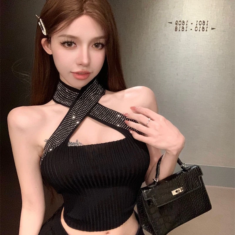 烫钻挂脖针织衫背心