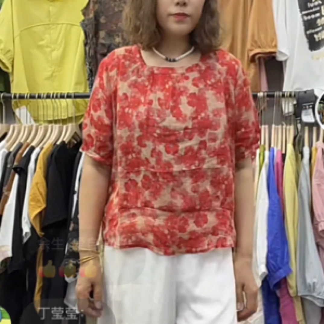 新款娃娃领短款时尚休闲苎麻印花小衫