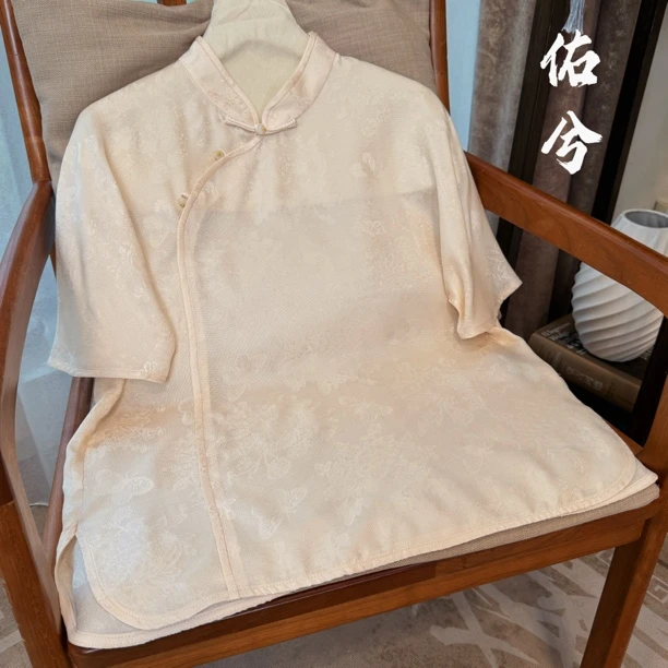 【佑兮】100%桑蚕丝真丝花罗国风短袖上衣百搭减龄时尚复古风
