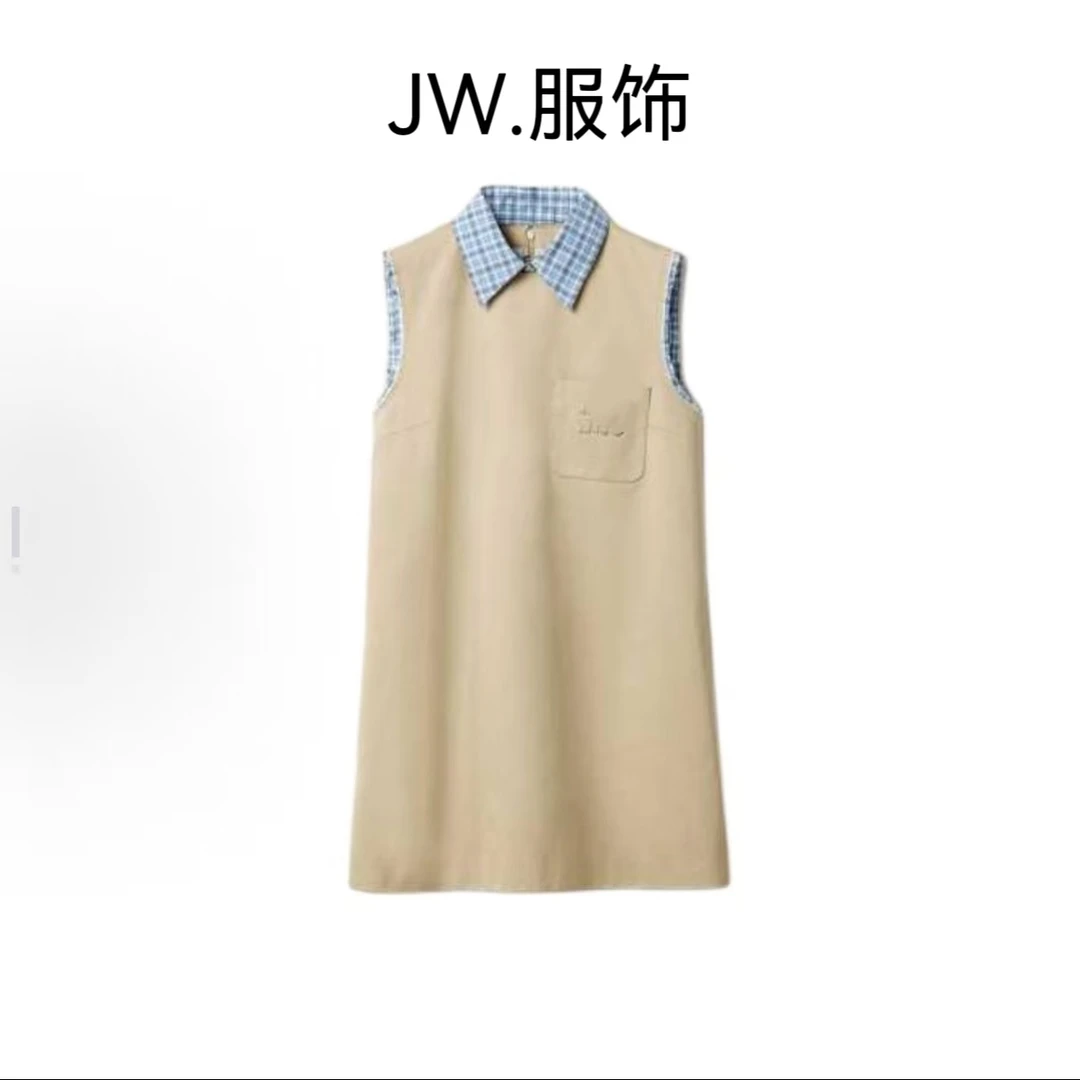 【JW.】M家2025春季卡其色蓝格领字母工装无袖背心裙女款连衣裙
