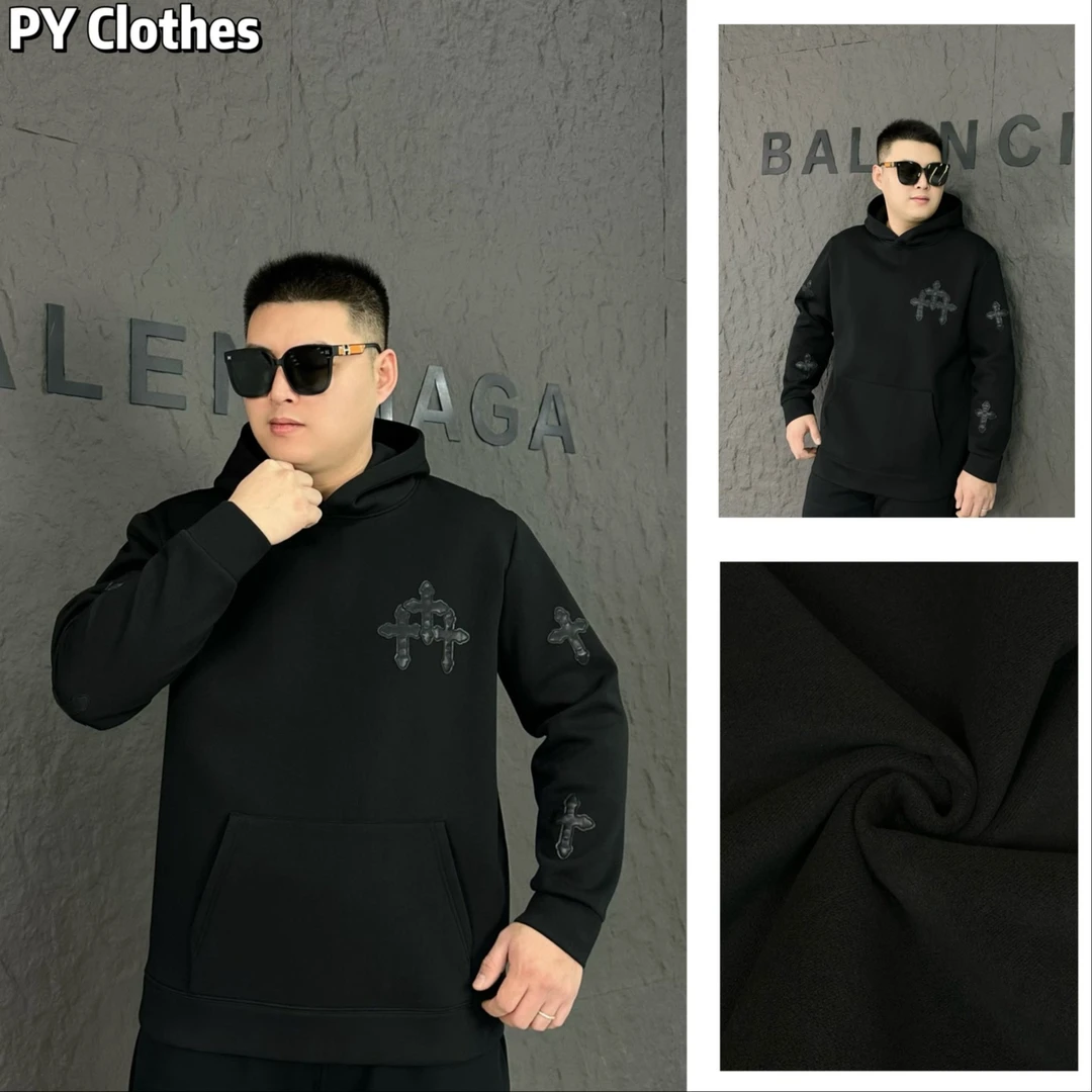 【加绒款】胖语大码男装 2025年重工贴皮绣潮牌连帽加绒卫衣79073#S