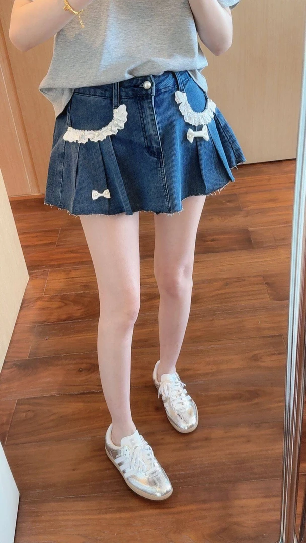 【张静芝】夏季新品~少女感钉珠蝴蝶结拼木耳花边毛边牛仔裙裤