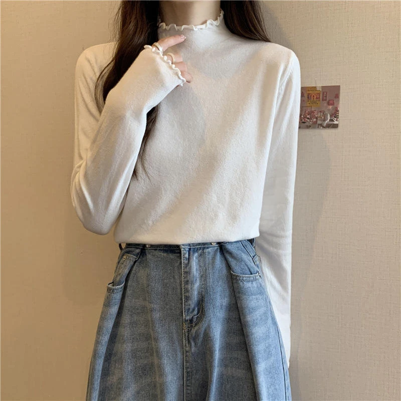 木耳边纯色半高领长袖t恤新款多巴胺服装lefame
