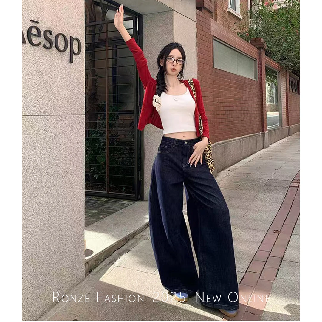 美式原牛ins风阔腿牛仔裤女百搭极简风老钱风蓝灰色加绒加厚牛仔